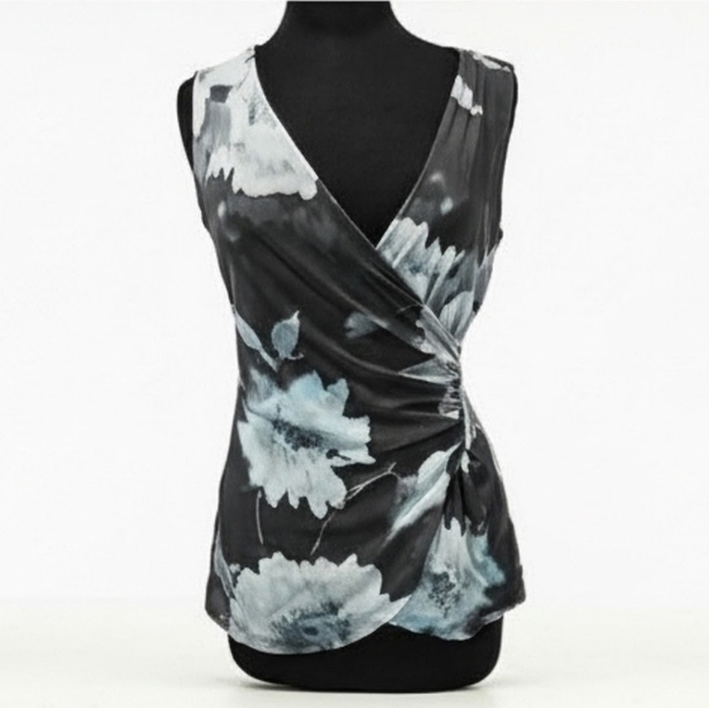 Euro Mesh Tank Vintage Y2K Sweet Pea Large Floral Top Gray Layered Stretch Mesh
